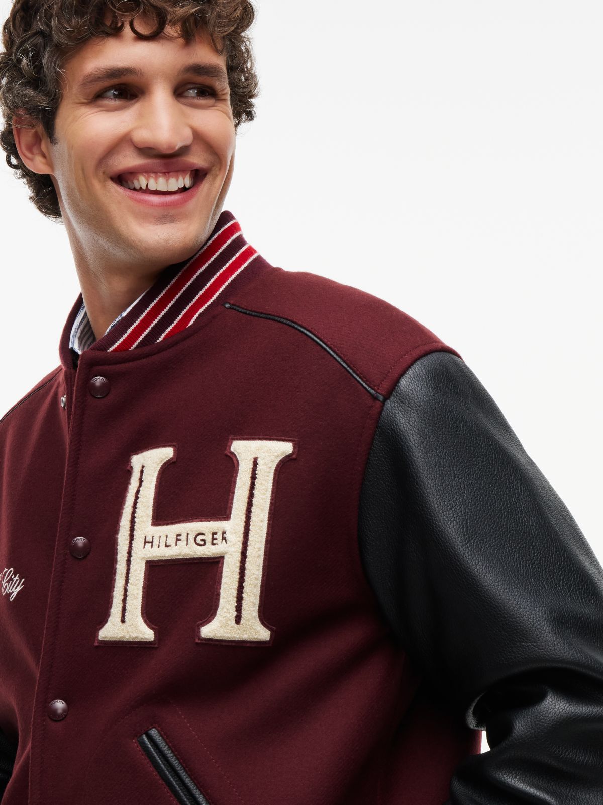 Mixed-Media Varsity Jacket — Burgundy Velvet