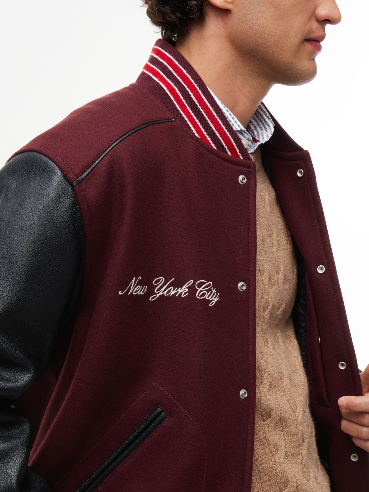 Mixed-Media Varsity Jacket — Burgundy Velvet
