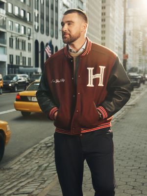 Mixed-Media Varsity Jacket, Burgundy Velvet
