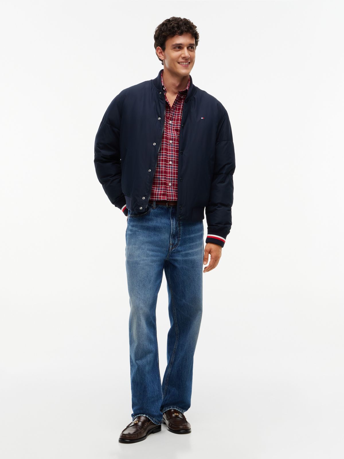 Water-Repellent Padded Bomber Jacket — Navy Blue