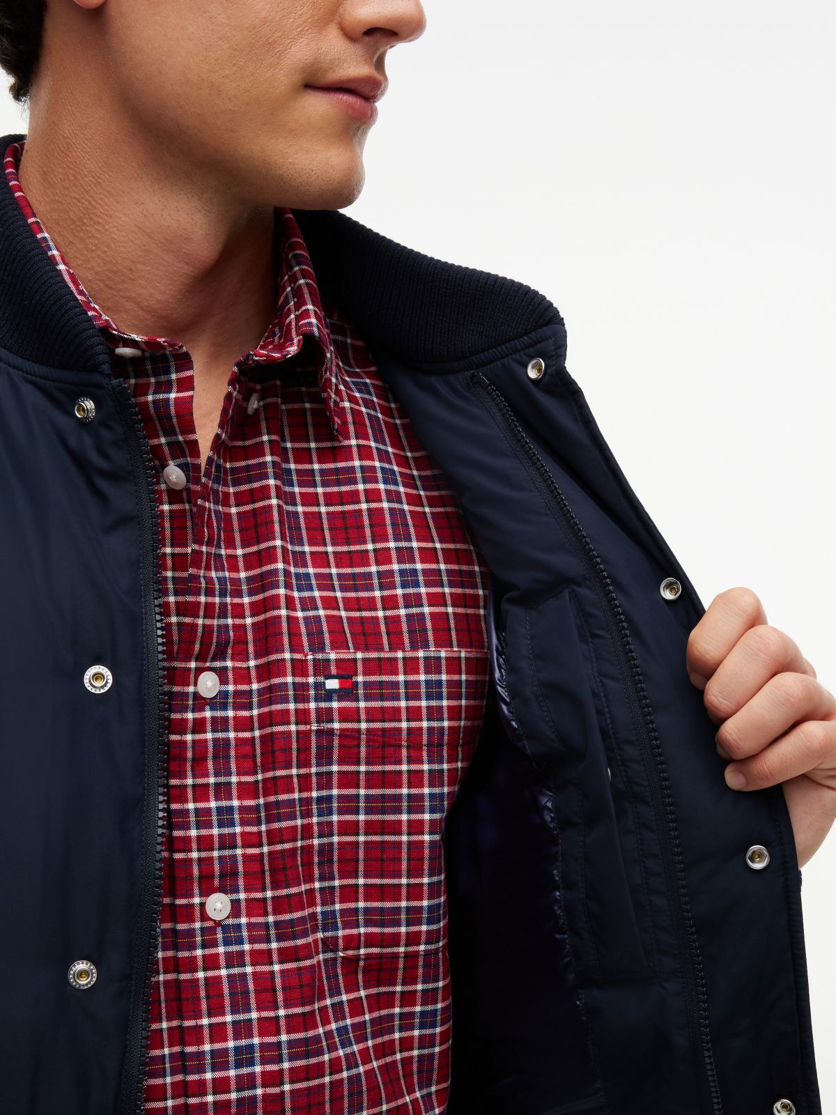 Water-Repellent Padded Bomber Jacket — Navy Blue