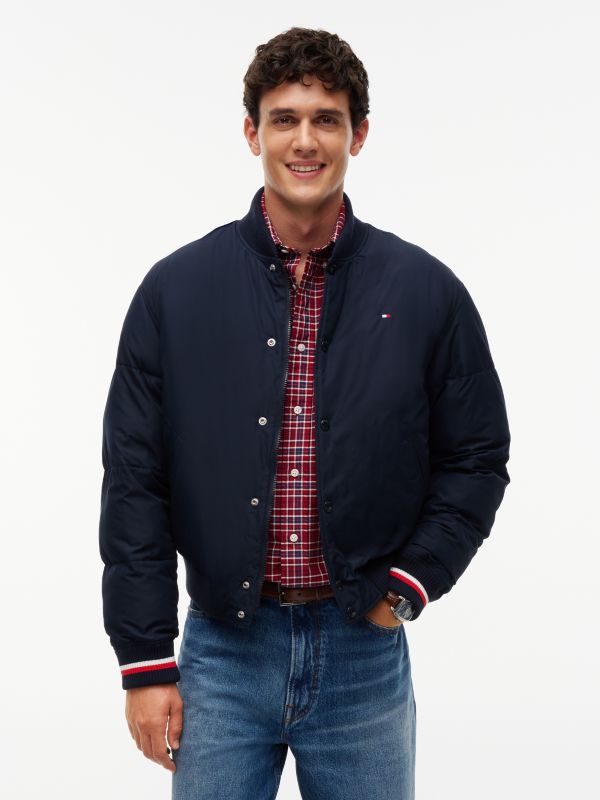 Water-Repellent Padded Bomber Jacket — Navy Blue