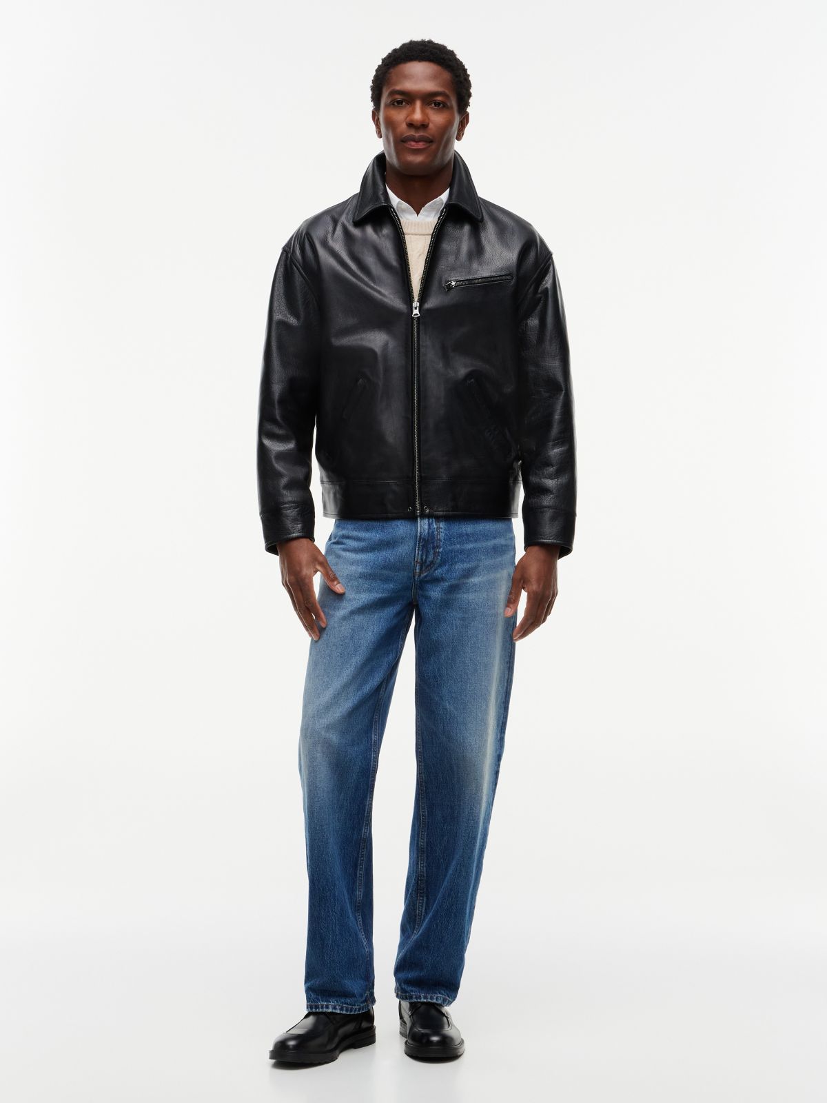 Relaxed Classic Leather Jacket — Black