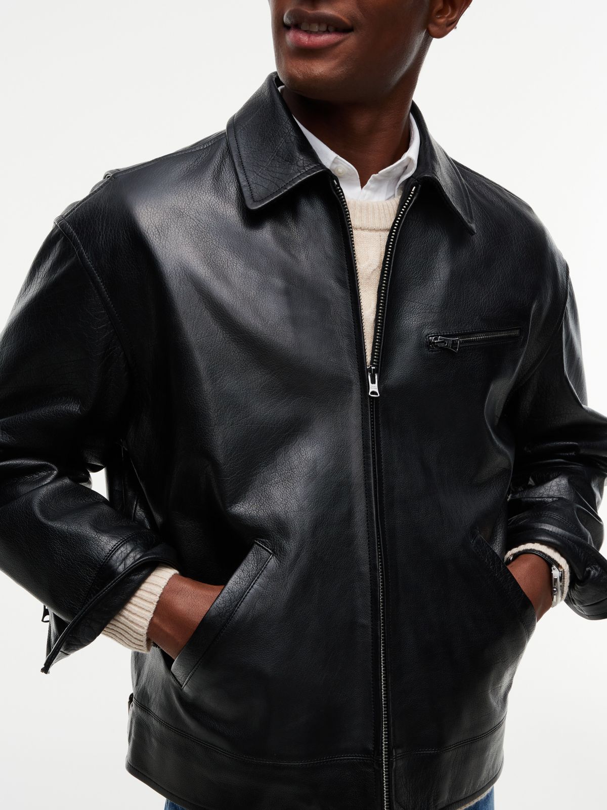 Relaxed Classic Leather Jacket — Black