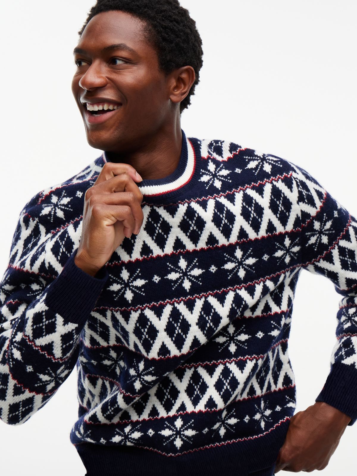 Fair Isle Wool-Blend Crewneck Sweater — Navy Blue/Ivory