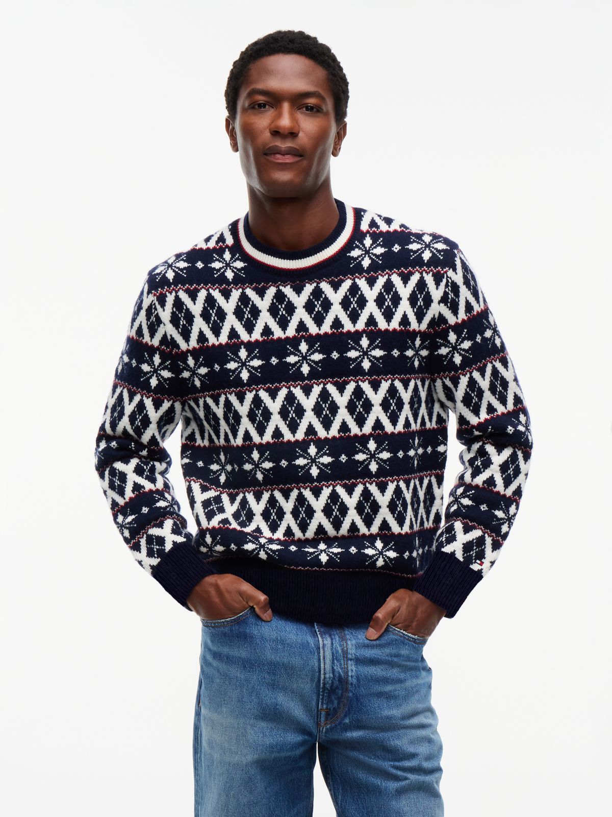 Fair Isle Wool-Blend Crewneck Sweater — Navy Blue/Ivory