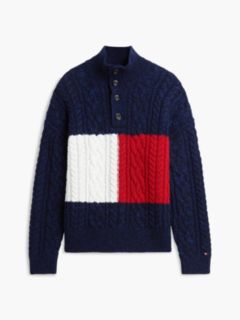 Flag Logo Cable Knit Mockneck Sweater — Navy Blue 5