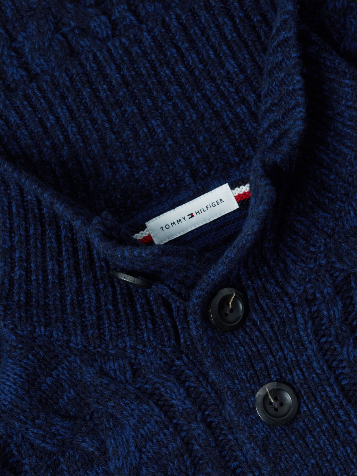 Flag Logo Cable Knit Mockneck Sweater — Navy Blue
