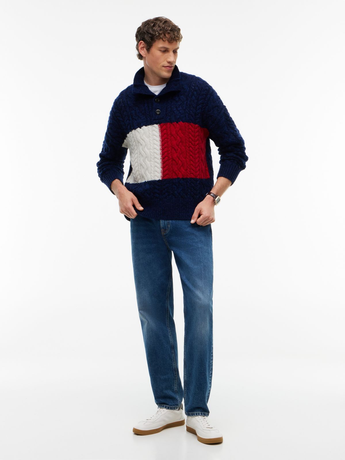 Flag Logo Cable Knit Mockneck Sweater — Navy Blue