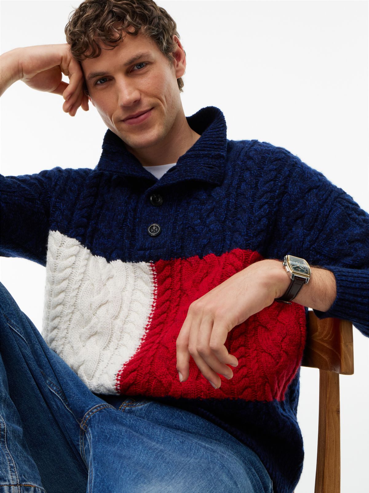 Flag Logo Cable Knit Mockneck Sweater — Navy Blue