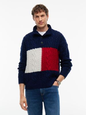 Flag Logo Cable Knit Mockneck Sweater, Navy Blue