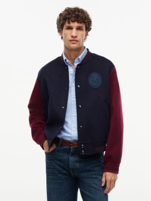 New York Label Wool-Cashmere Blend Varsity Jacket, Navy Blue