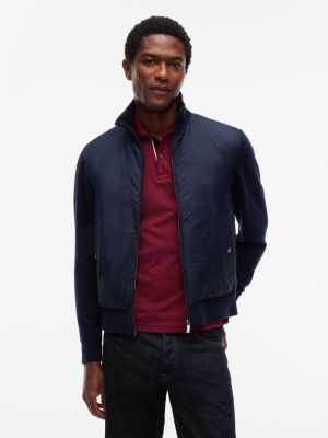 New York Label Mixed-Media Zip Jacket, Navy Blue