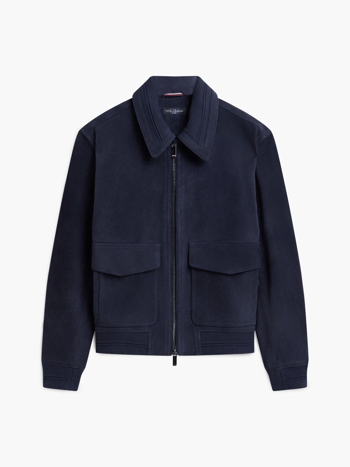 New York Label Nubuck Leather Jacket — Navy Blue