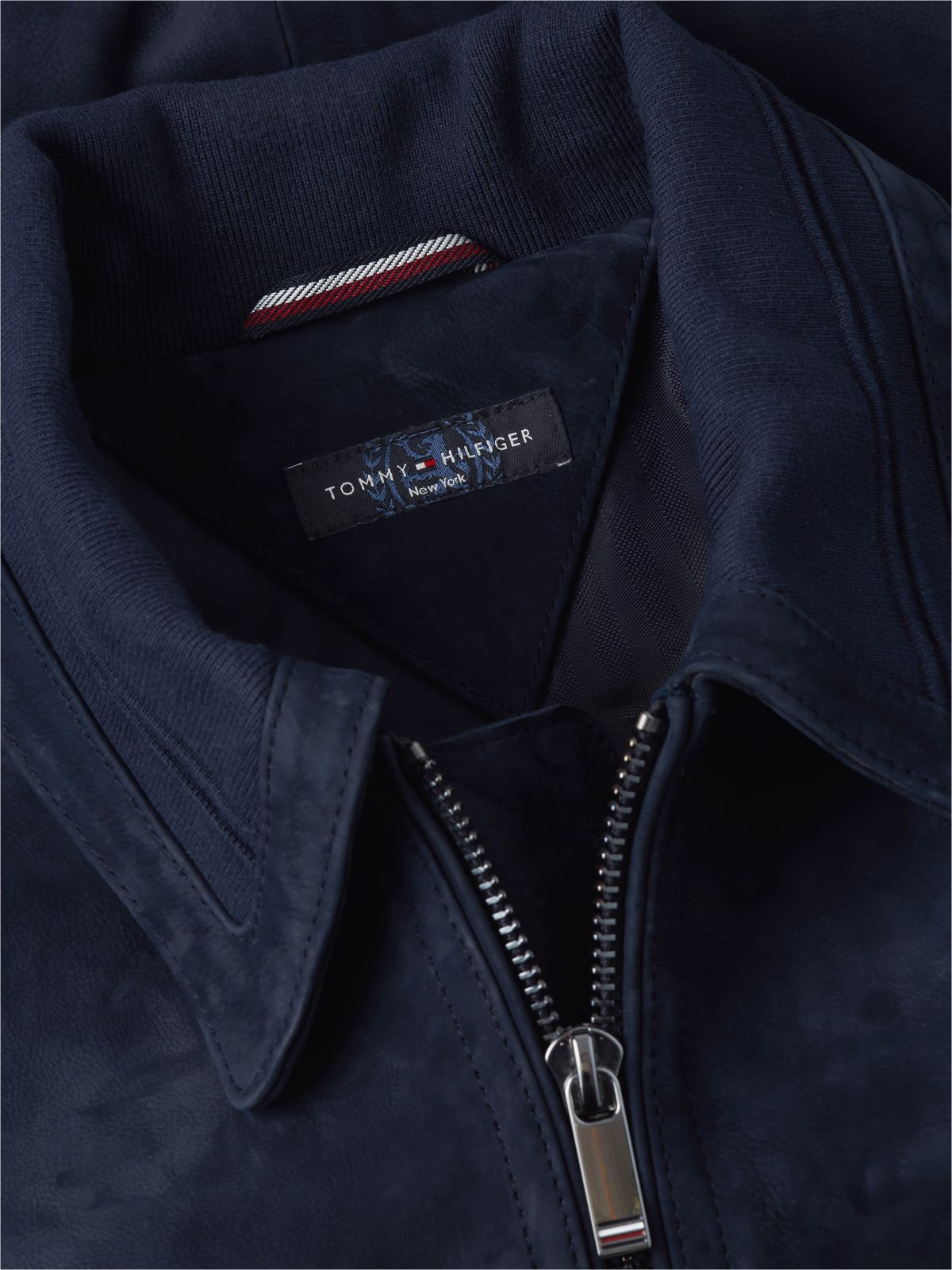 New York Label Nubuck Leather Jacket — Navy Blue