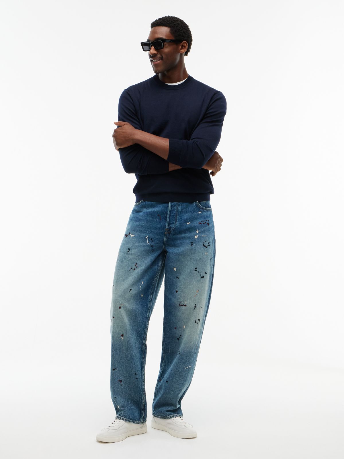 Embroidered Paint Splatter Loose Jean — Keith Indigo