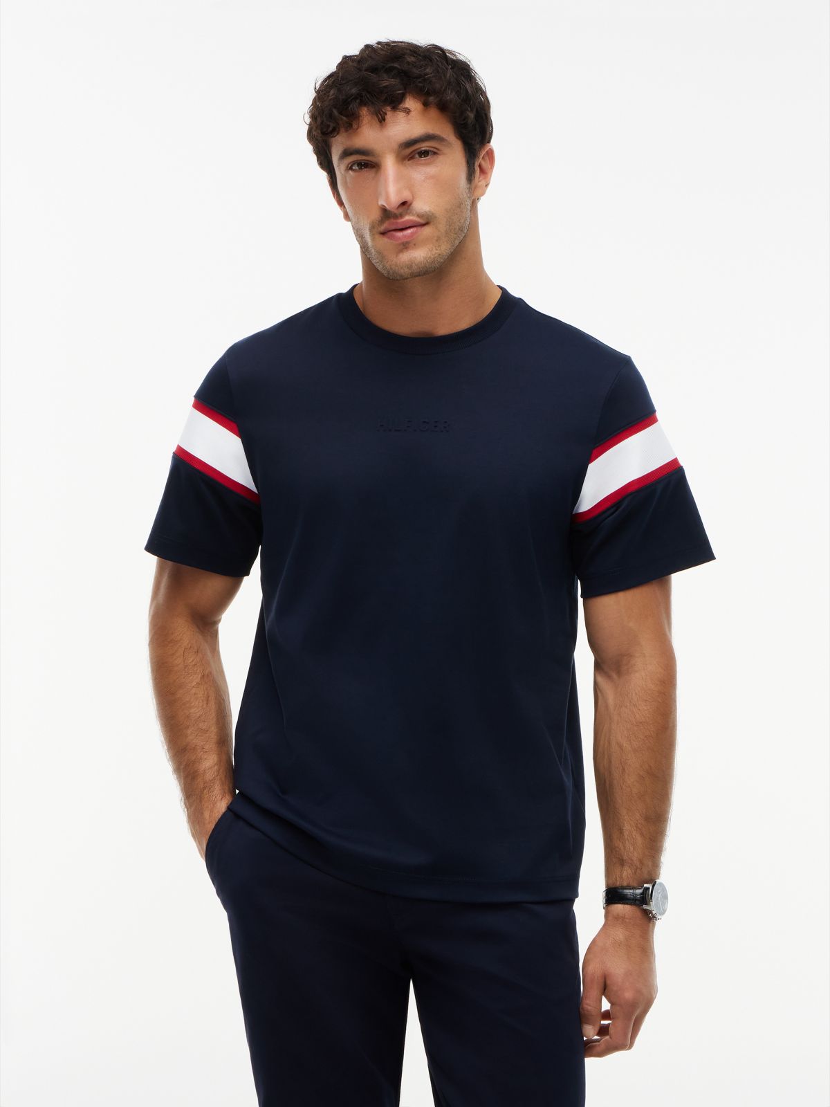 Varsity Stripe Interlock T-Shirt — Navy Blue