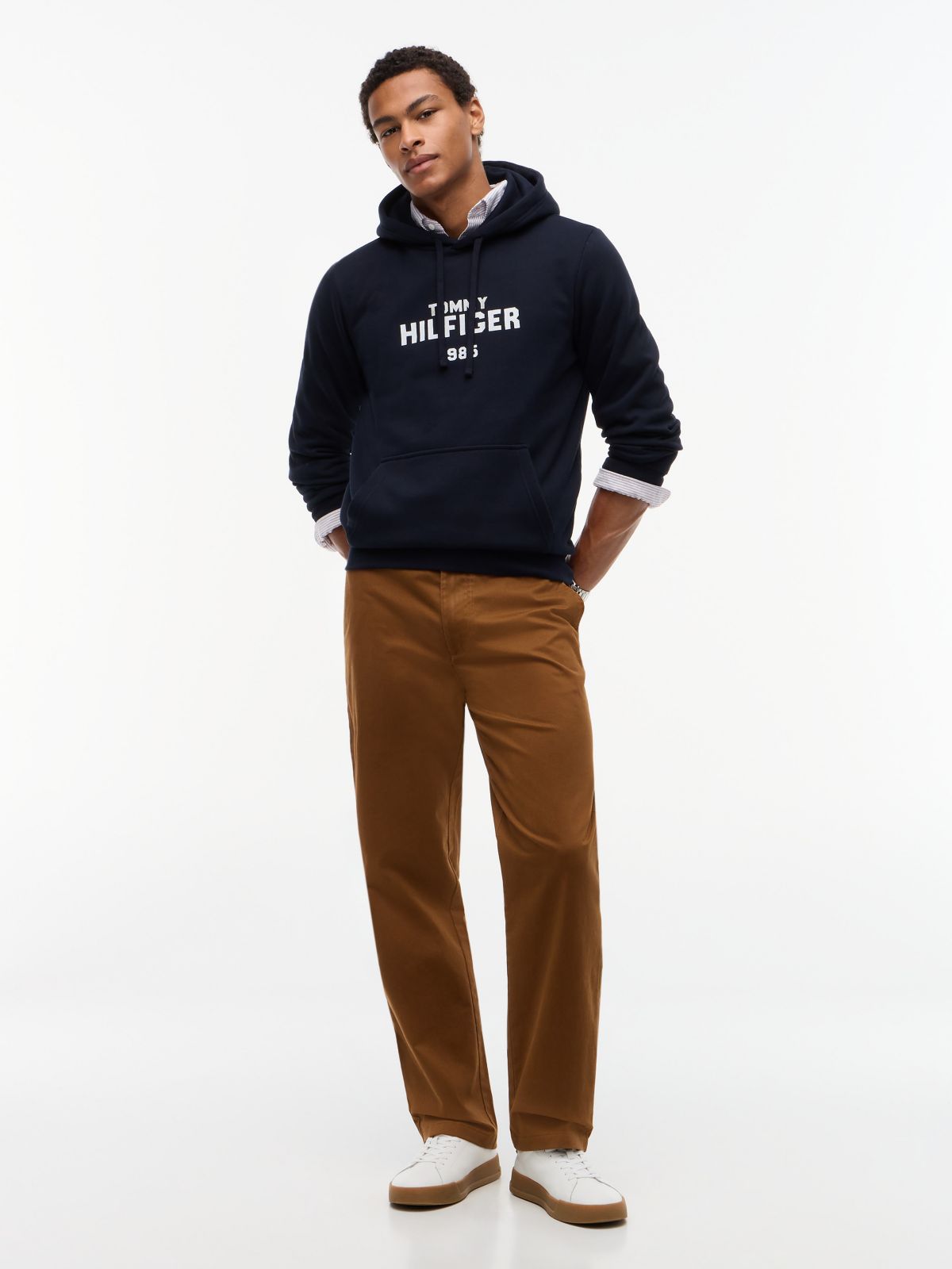 Classic Hilfiger Logo Flex Fleece Hoodie — Navy Blue
