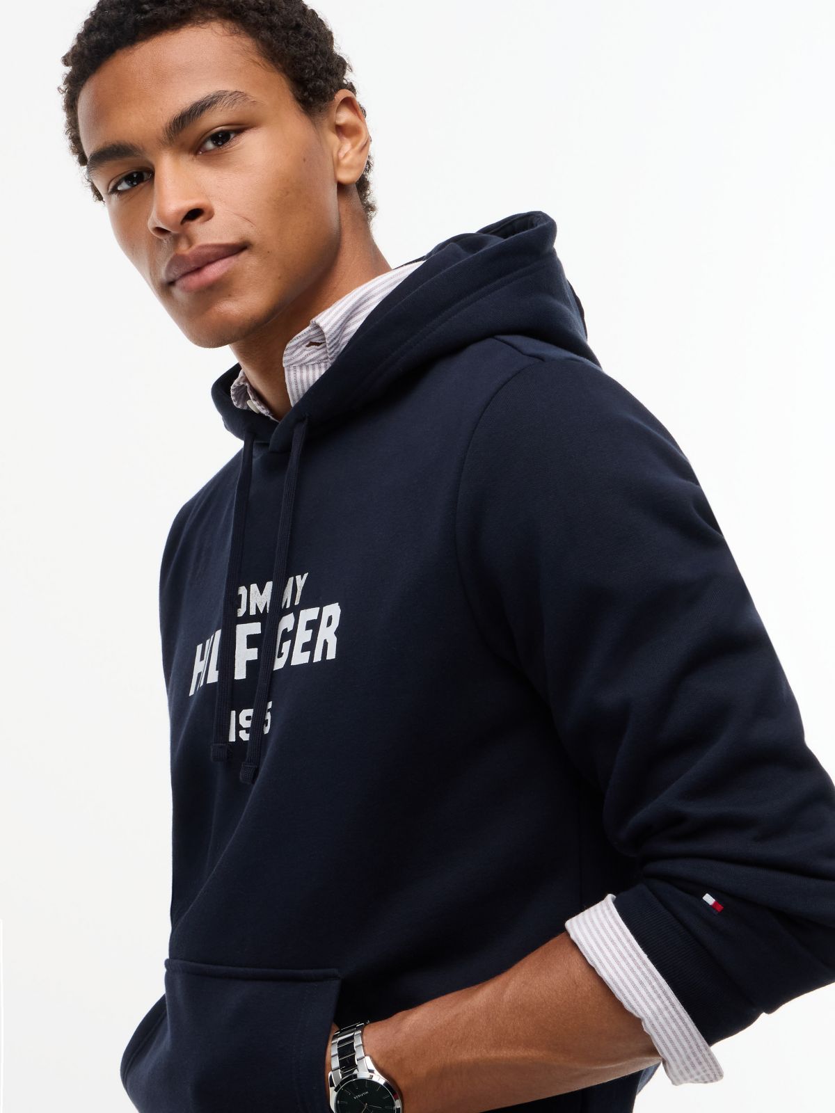 Classic Hilfiger Logo Flex Fleece Hoodie — Navy Blue