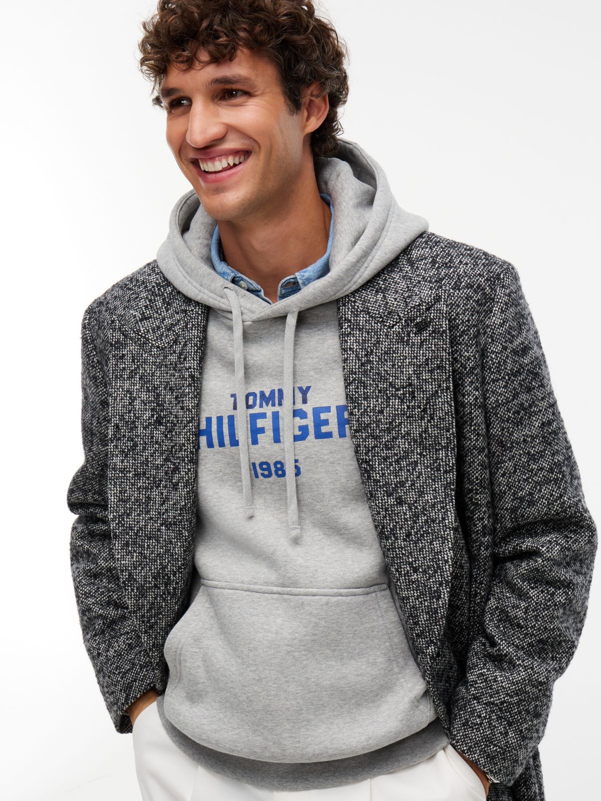 Classic Hilfiger Logo Flex Fleece Hoodie — Light Grey Heather