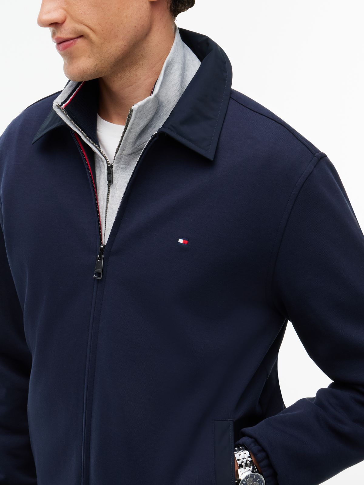 Mixed-Media Reversible Zip Jacket — Navy Blue