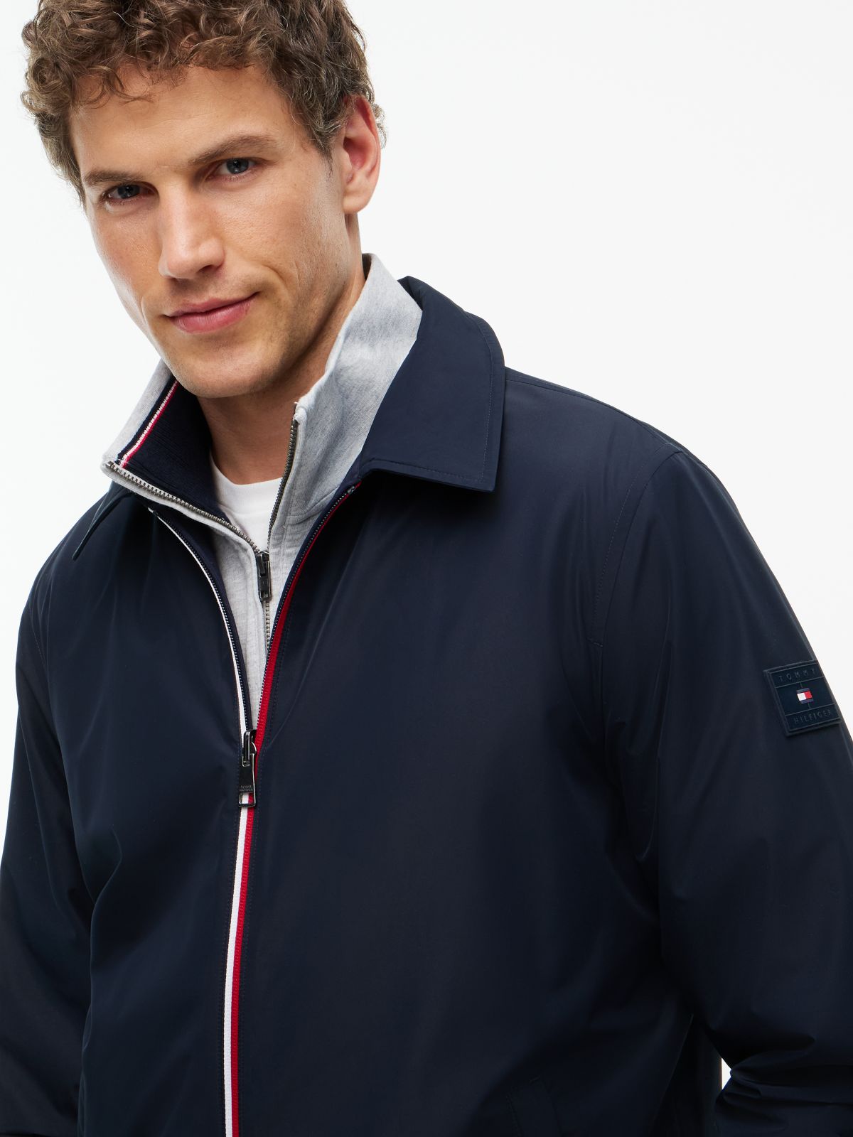 Mixed-Media Reversible Zip Jacket — Navy Blue