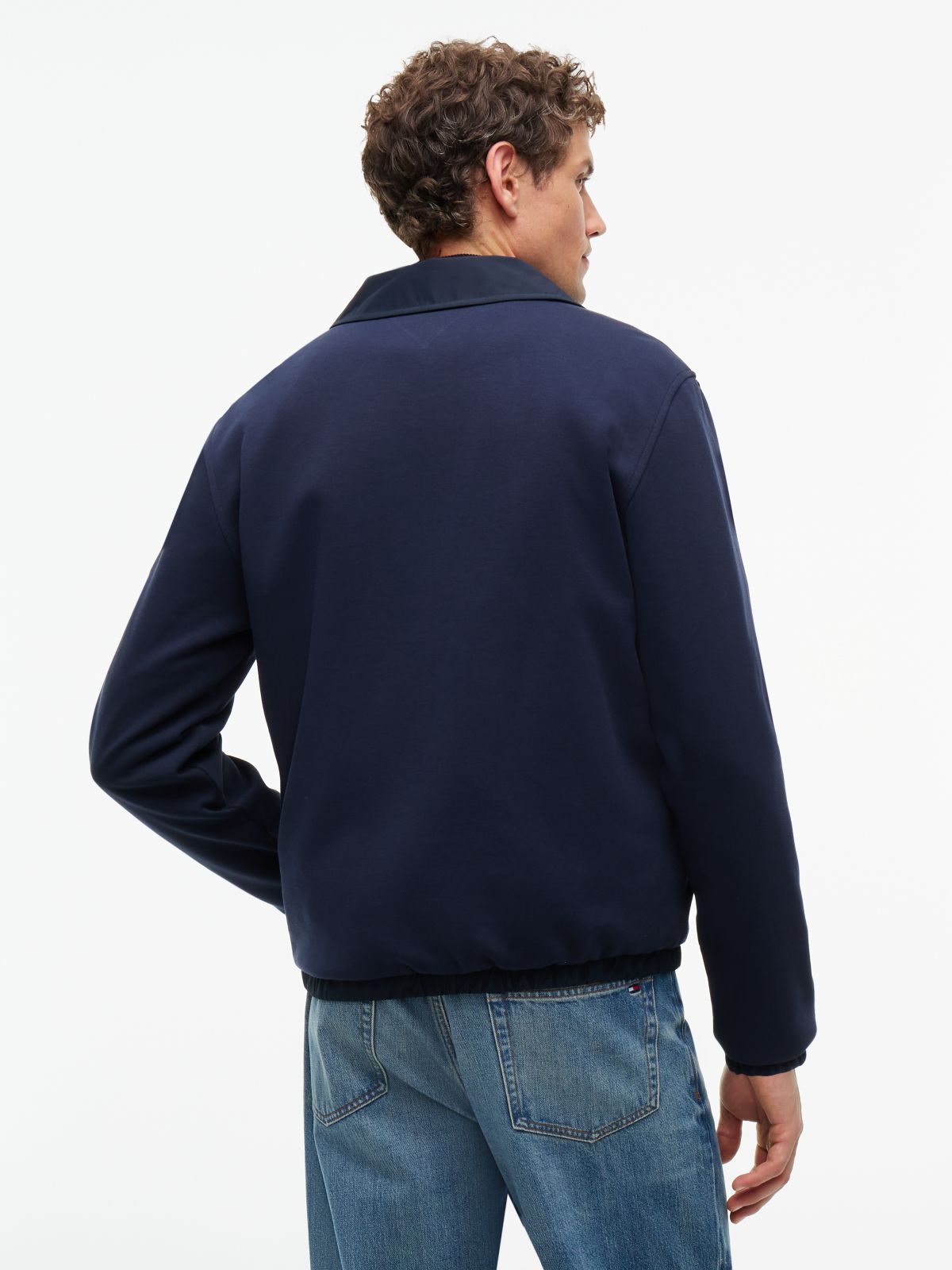 Mixed-Media Reversible Zip Jacket — Navy Blue