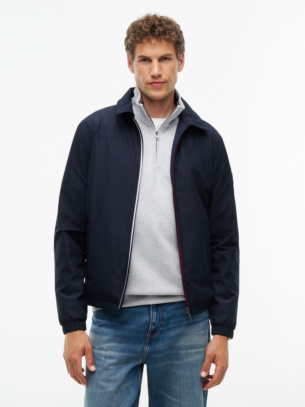 Mixed-Media Reversible Zip Jacket — Navy Blue