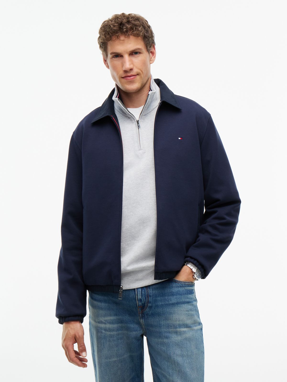 Mixed-Media Reversible Zip Jacket — Navy Blue