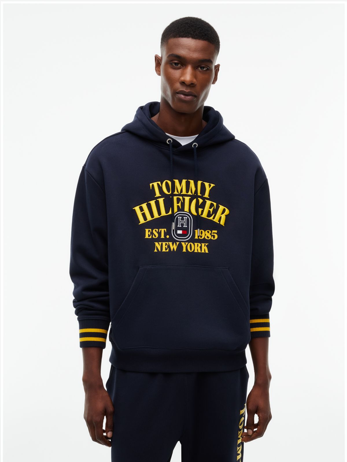 Relaxed Fit Embroidered Logo Hoodie — Navy Blue