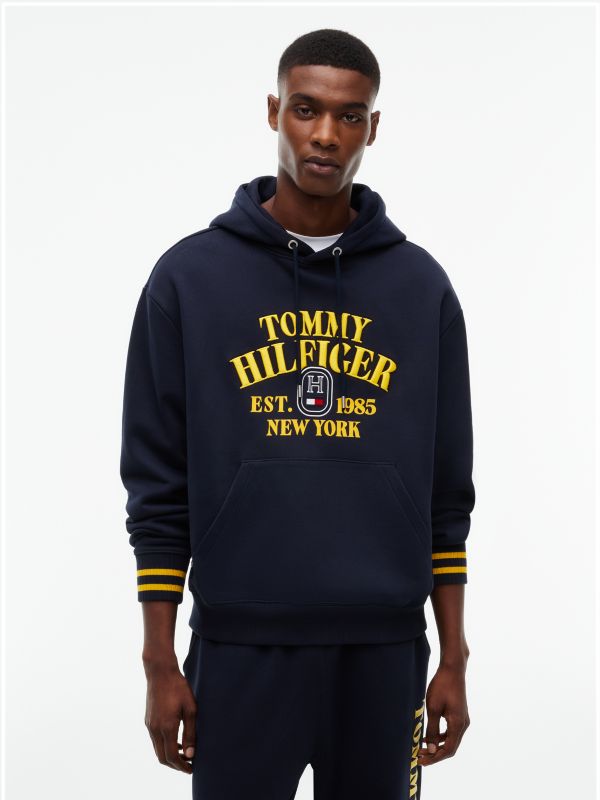 Relaxed Fit Embroidered Logo Hoodie — Navy Blue