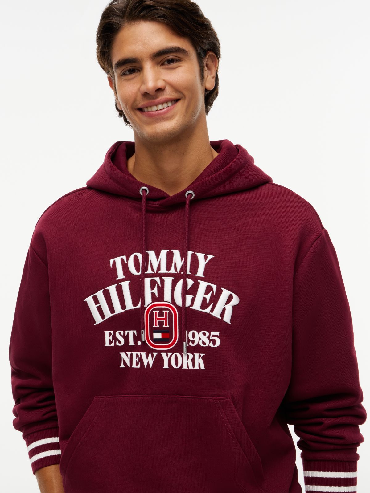 Relaxed Fit Embroidered Logo Hoodie — Burgundy