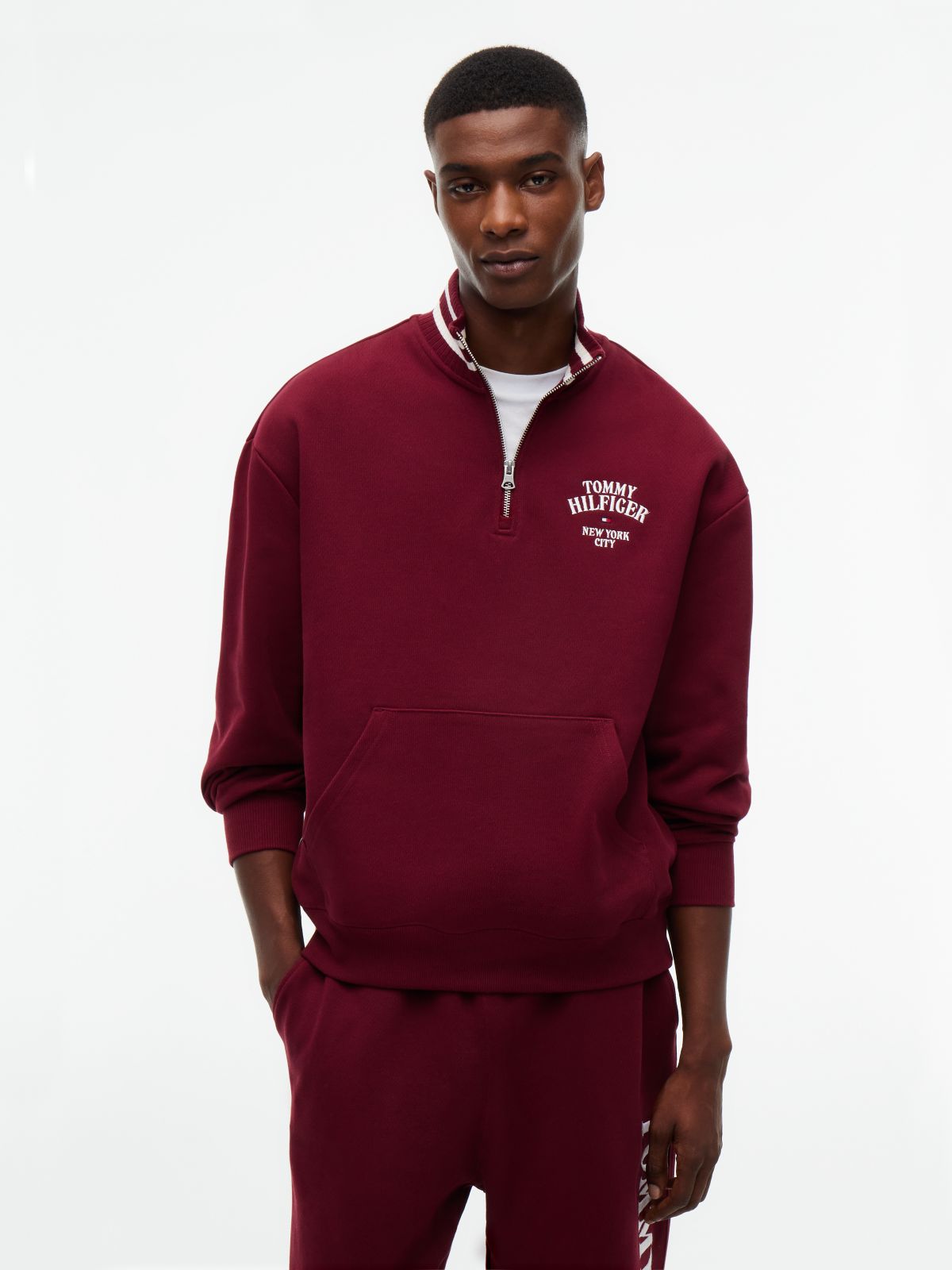 Embroidered Logo Quarter-Zip Sweatshirt — Burgundy