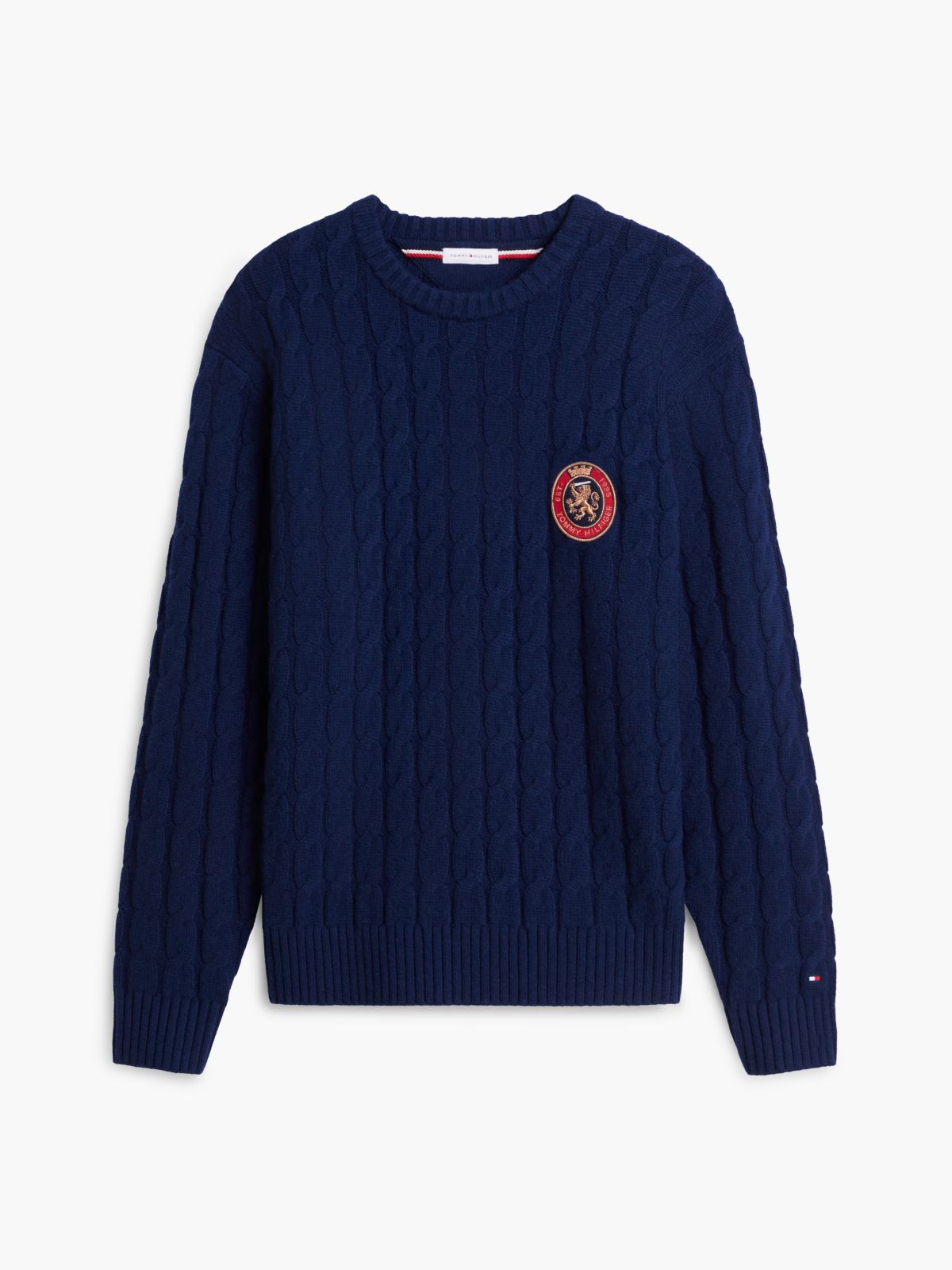 Crest Logo Cable Knit Wool-Blend Sweater — Carbon Navy