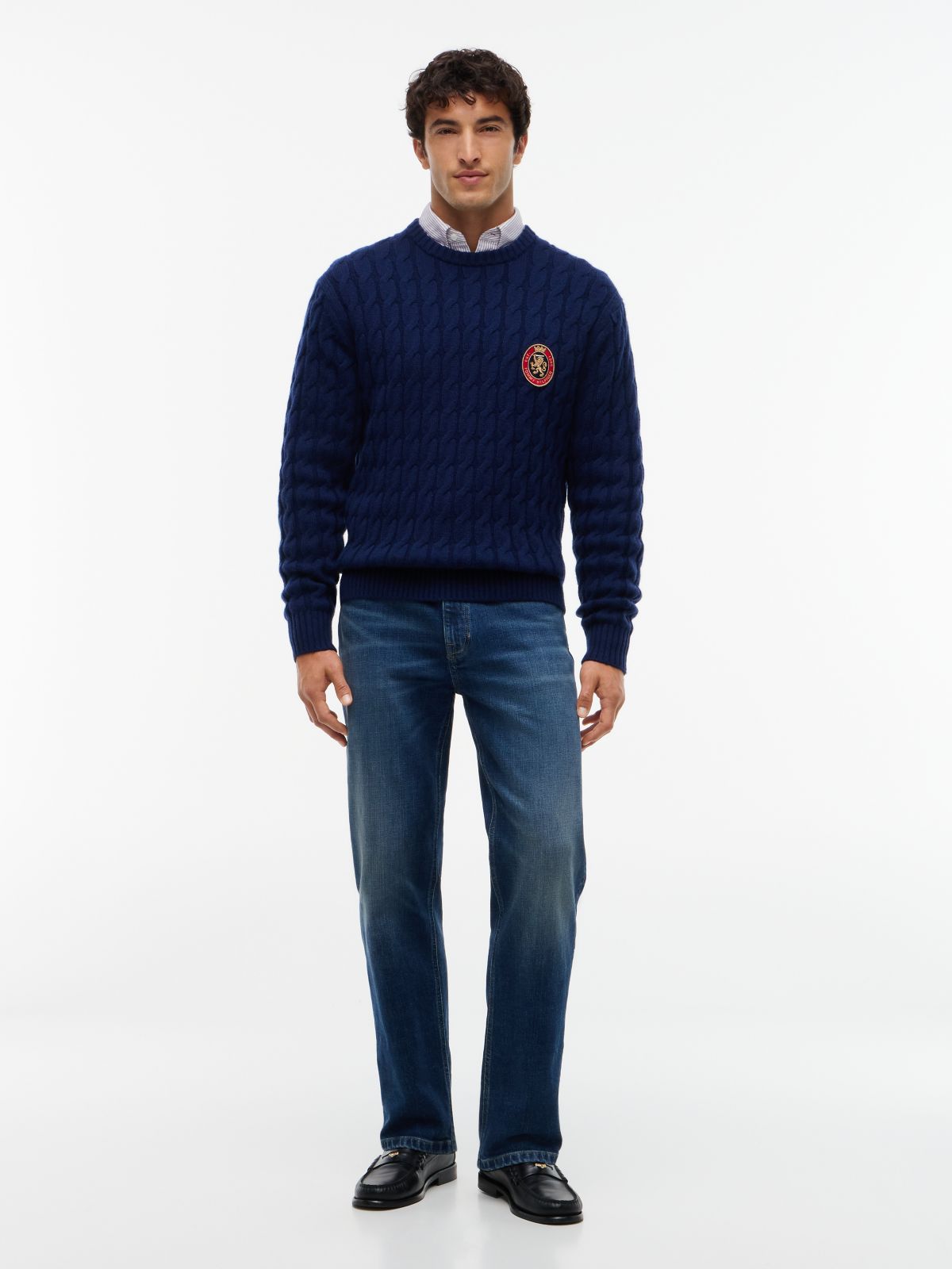 Crest Logo Cable Knit Wool-Blend Sweater — Carbon Navy