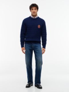 Crest Logo Cable Knit Wool-Blend Sweater — Carbon Navy 2