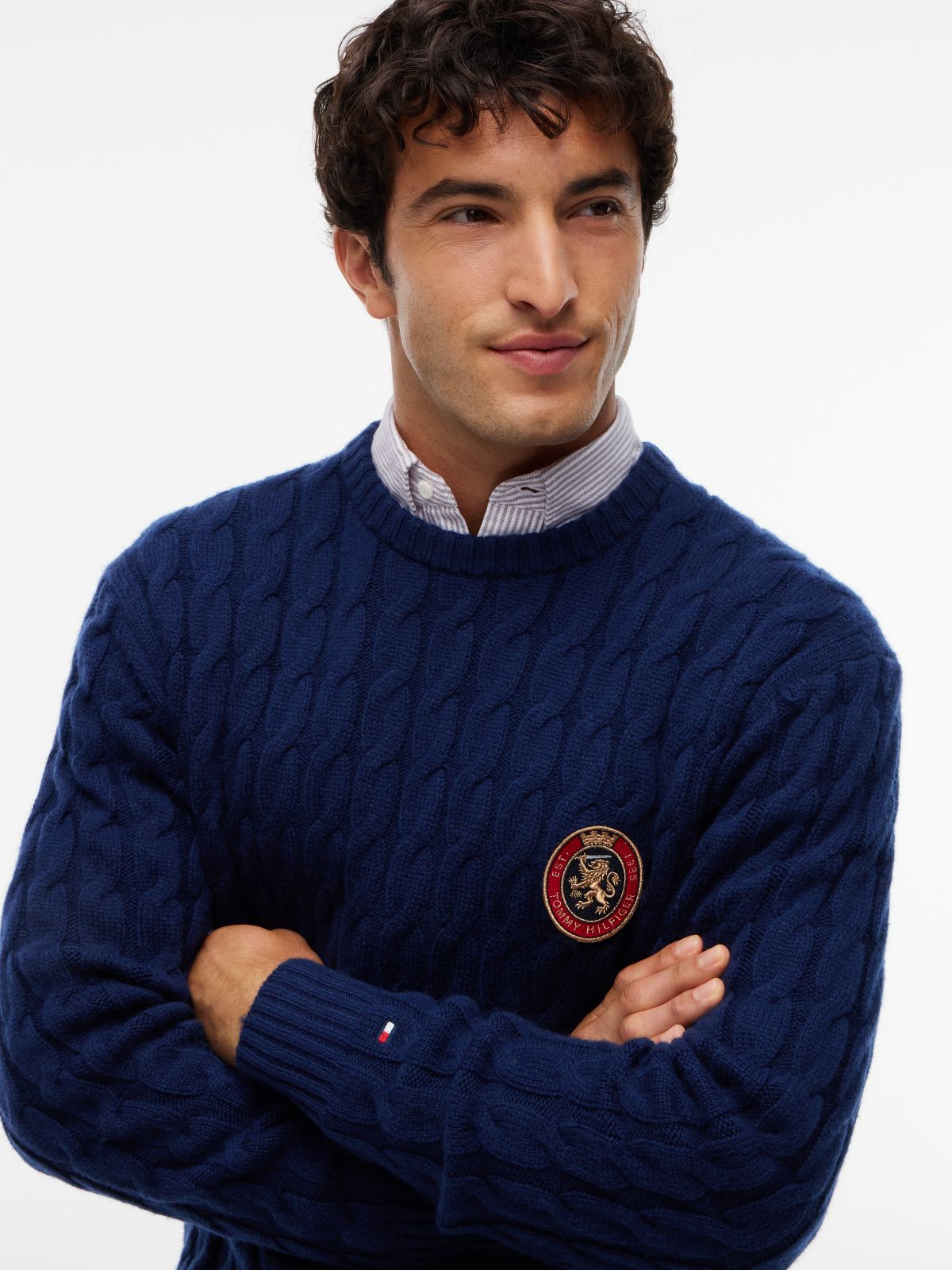 Crest Logo Cable Knit Wool-Blend Sweater — Carbon Navy