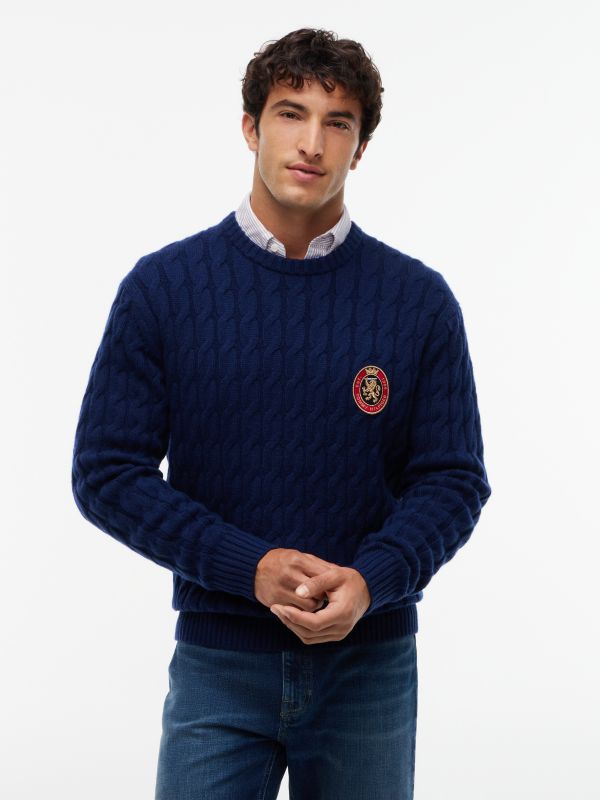 Crest Logo Cable Knit Wool-Blend Sweater — Carbon Navy