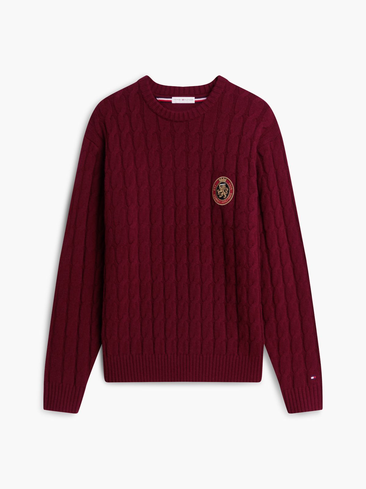 Crest Logo Cable Knit Wool-Blend Sweater — Burgundy