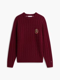 Crest Logo Cable Knit Wool-Blend Sweater — Burgundy 7