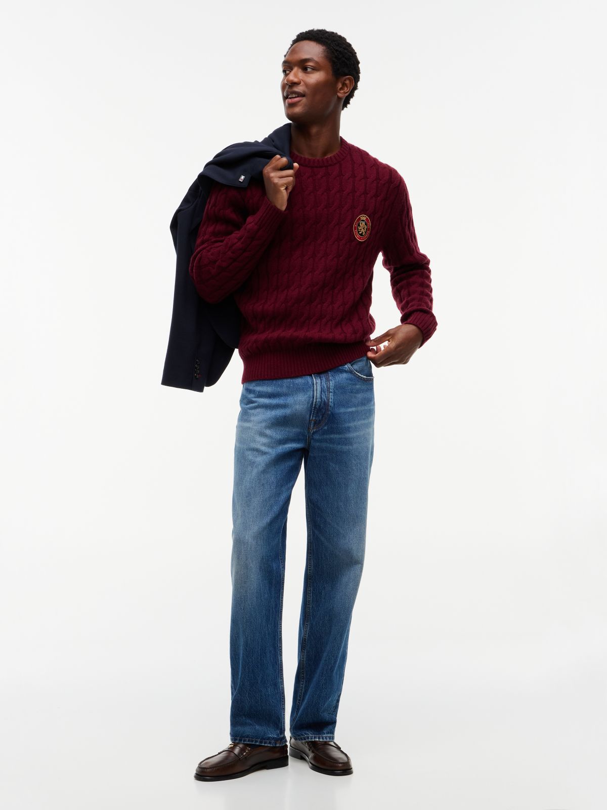 Crest Logo Cable Knit Wool-Blend Sweater — Burgundy