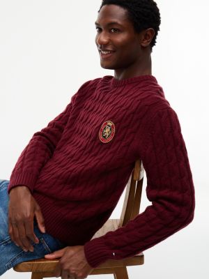 Мужской свитер Tommy Hilfiger Crest Logo Cable Knit Wool-Blend, цвет: Бордовый — фото 4