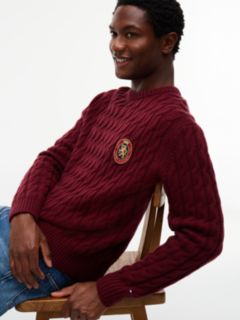 Crest Logo Cable Knit Wool-Blend Sweater — Burgundy 4
