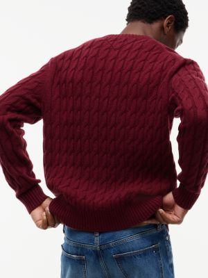 Мужской свитер Tommy Hilfiger Crest Logo Cable Knit Wool-Blend, цвет: Бордовый — фото 5