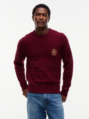 Мужской свитер Tommy Hilfiger Crest Logo Cable Knit Wool-Blend, цвет: Бордовый — фото 1