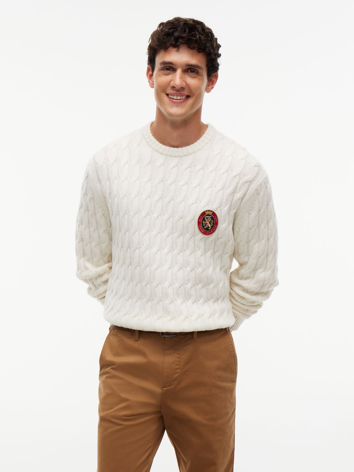 Crest Logo Cable Knit Wool-Blend Sweater — Ivory Petal