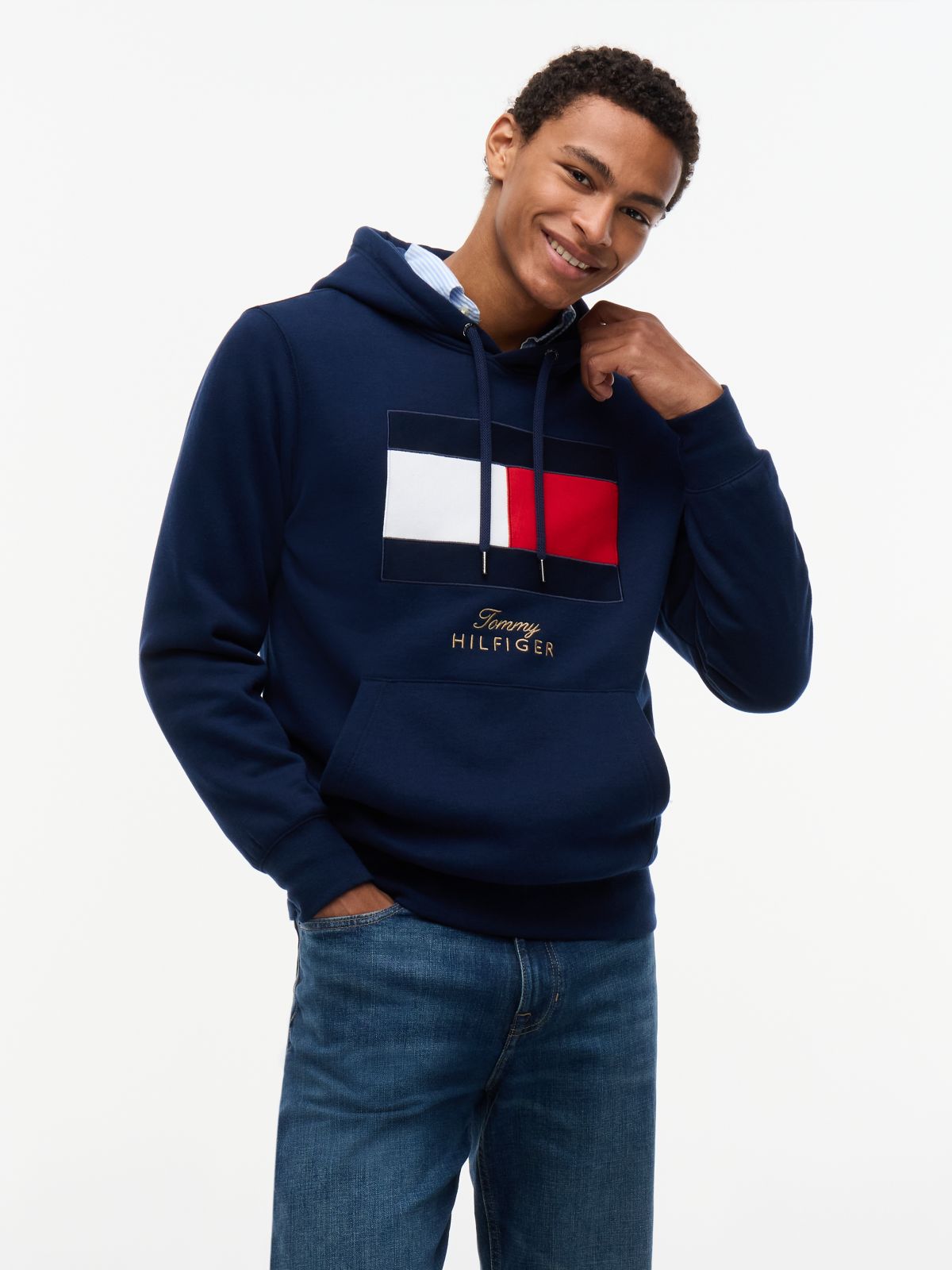 Embroidered Flag Logo Fleece Hoodie — Carbon Navy