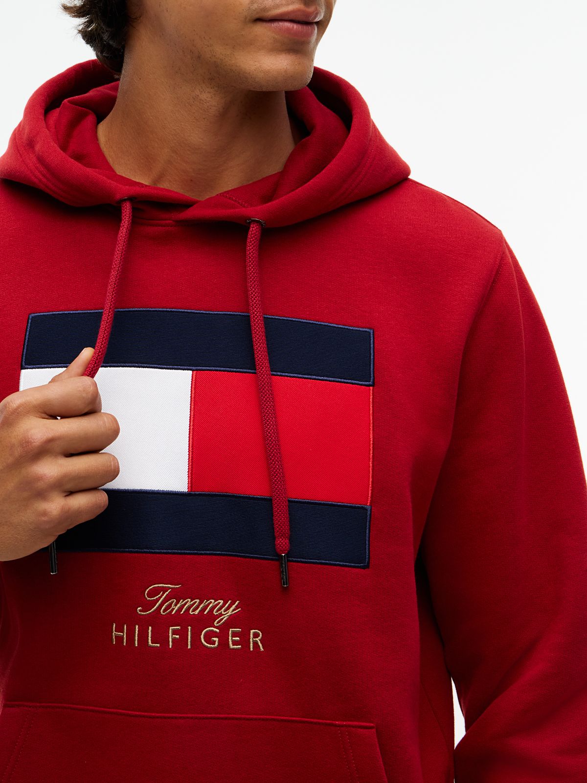 Embroidered Flag Logo Fleece Hoodie — Red