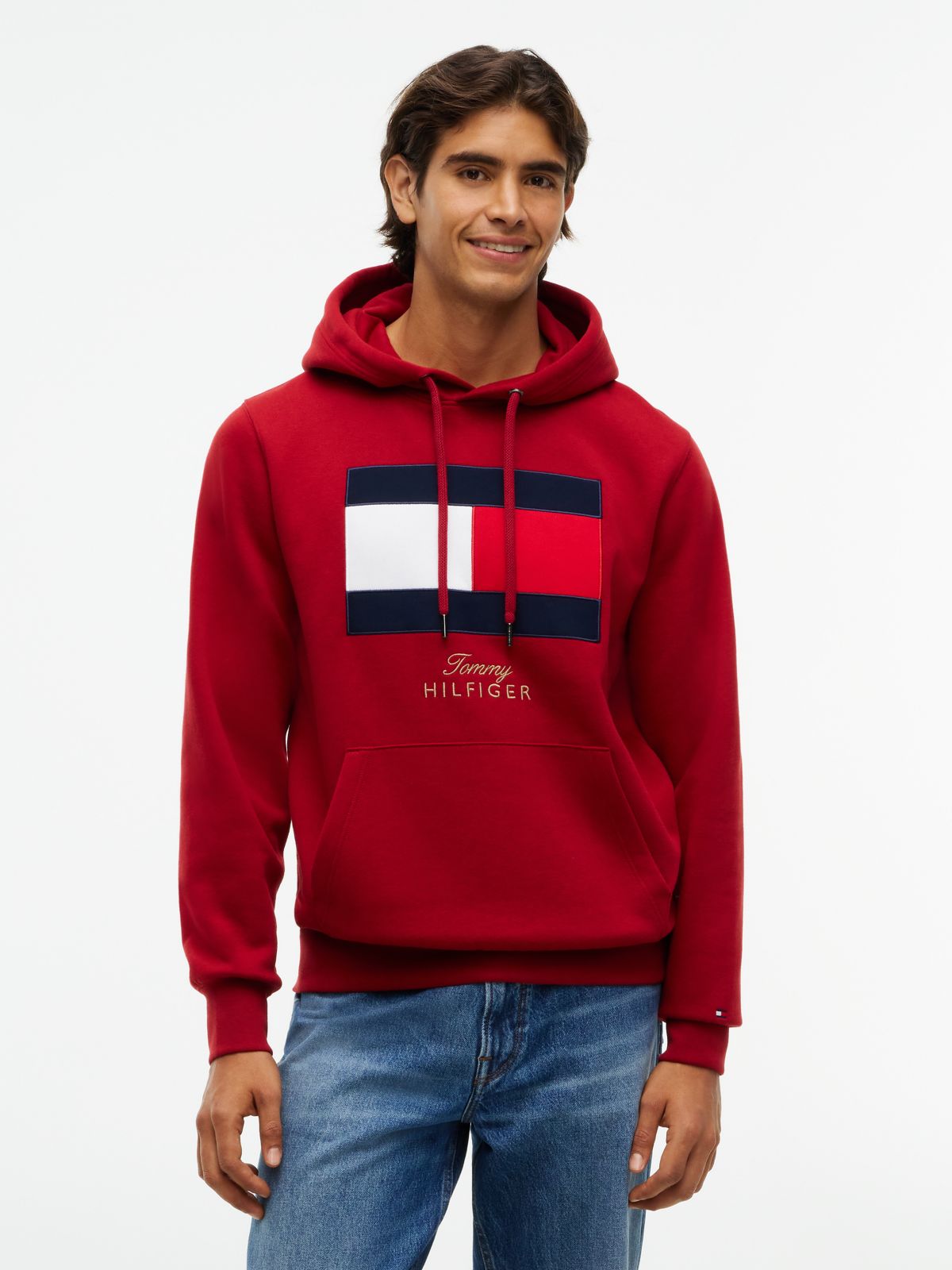 Embroidered Flag Logo Fleece Hoodie — Red