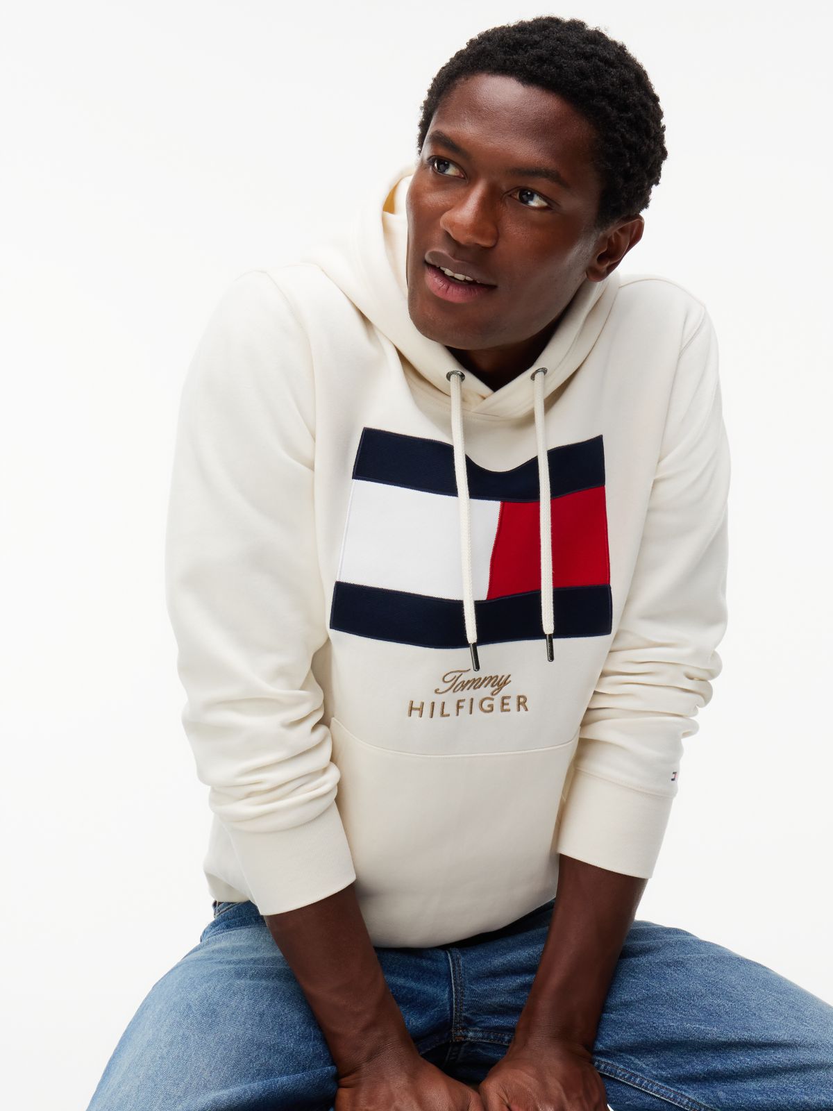 Embroidered Flag Logo Fleece Hoodie — Ivory Petal